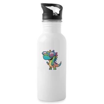 Kawaii Cute Happy Colorful Dino with Sunglasses - Water bottle with straw - white - Right