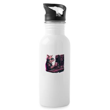Cooles Dj Schwein mit Bier - Trinkflasche mit integriertem Trinkhalm - Weiß - Rechts