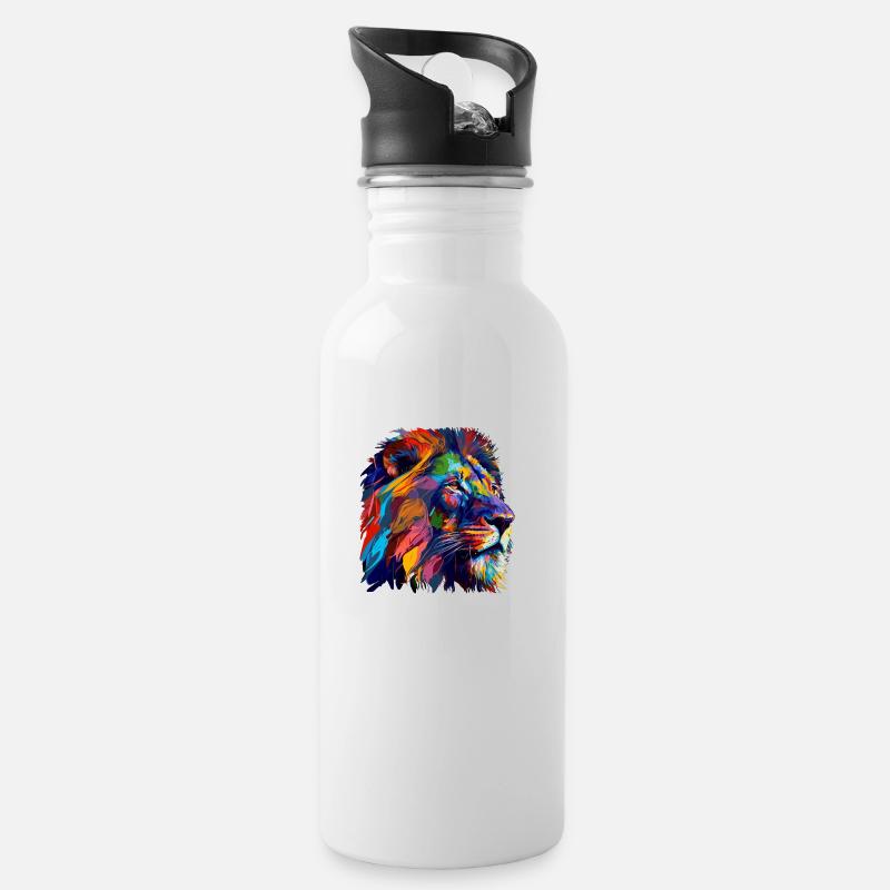 Löwenkopf Ölgemälde Geschenk - Trinkflasche mit integriertem Trinkhalm - Weiß