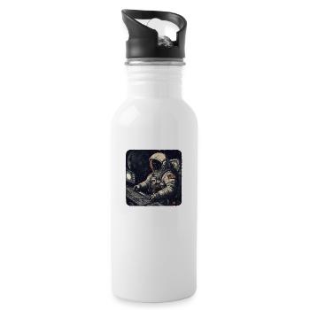 Cool retro astronaut operates computers - Water bottle with straw - white - Right
