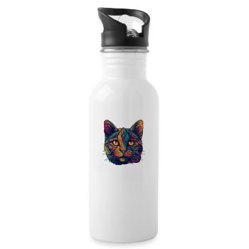 Psychedelisches Katzengesicht mit bunten Mustern - Trinkflasche mit integriertem Trinkhalm - Weiß - Rechts