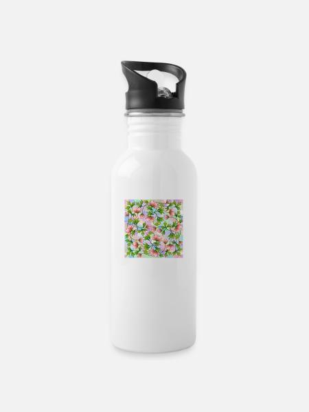 Blumen - Trinkflasche mit integriertem Trinkhalm - Weiß