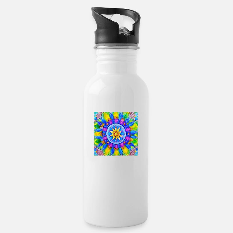 Botanical Mandala Ölgemälde - Trinkflasche mit integriertem Trinkhalm - Weiß