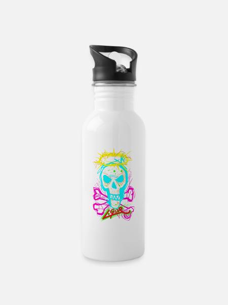 L.Gor Totenkopf Knochen - Trinkflasche mit integriertem Trinkhalm - Weiß
