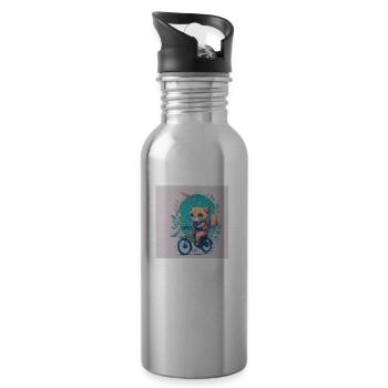 Cat on bike - Water bottle with straw - silver - Right