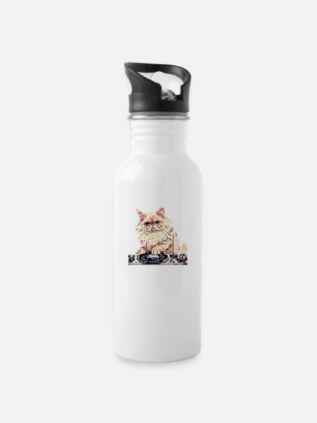 Perserkatze DJ Negan in Pixelart - Trinkflasche mit integriertem Trinkhalm - Weiß