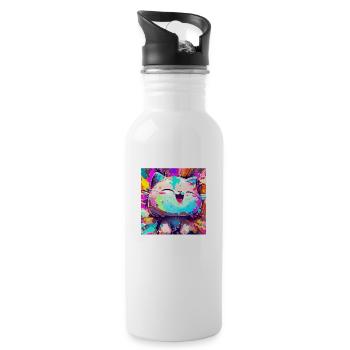 Super happy funny neko cat! - Water bottle with straw - white - Right