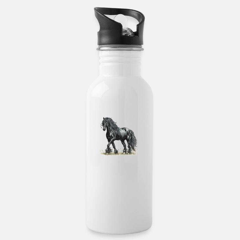 Friese Pferd | Der Friese | Friesenpferd - Trinkflasche mit integriertem Trinkhalm - Weiß