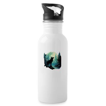 Einsamer Wolf bei Vollmond im Wald - Trinkflasche mit integriertem Trinkhalm - Weiß - Rechts