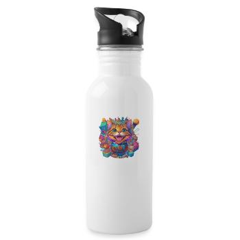 crazy laughing cat - Water bottle with straw - white - Right
