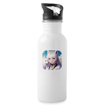 Anime Neko Girl und süßer weißer Hund - Trinkflasche mit integriertem Trinkhalm - Weiß - Rechts