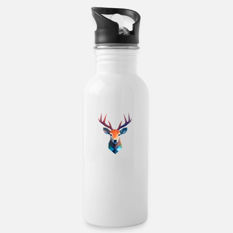 Reh Hirsch Kopf Low Poly Logo Design - Trinkflasche mit integriertem Trinkhalm - Weiß