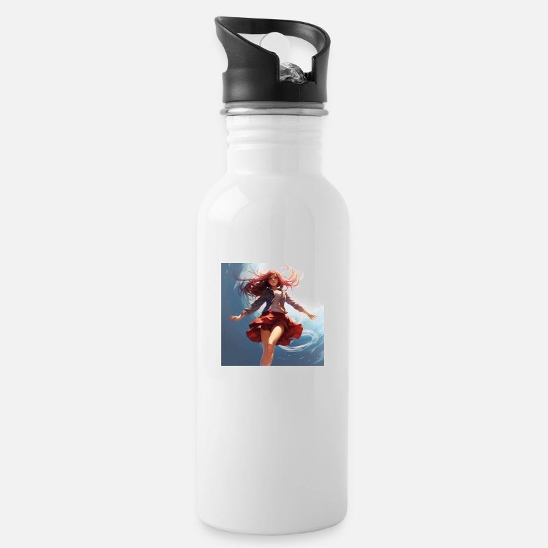 Süßens Anime-Girl, schwebend, kurzer Rock - Trinkflasche mit integriertem Trinkhalm - Weiß