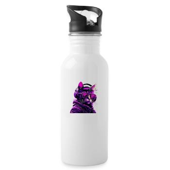 Techno Katze Neon - Trinkflasche mit integriertem Trinkhalm - Weiß - Rechts