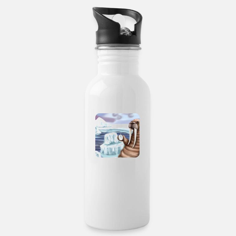 Walross Klimawandel - Trinkflasche mit integriertem Trinkhalm - Weiß
