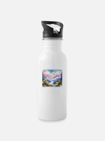 Bunte Berg Aquarellmalerei - Trinkflasche mit integriertem Trinkhalm - Weiß