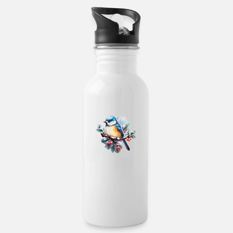 Blaumeise im Winter - Trinkflasche mit integriertem Trinkhalm - Weiß