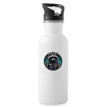 Waschbär im Cyberpunk-Outfit und in der Atmosphäre - Trinkflasche mit integriertem Trinkhalm - Weiß - Rechts
