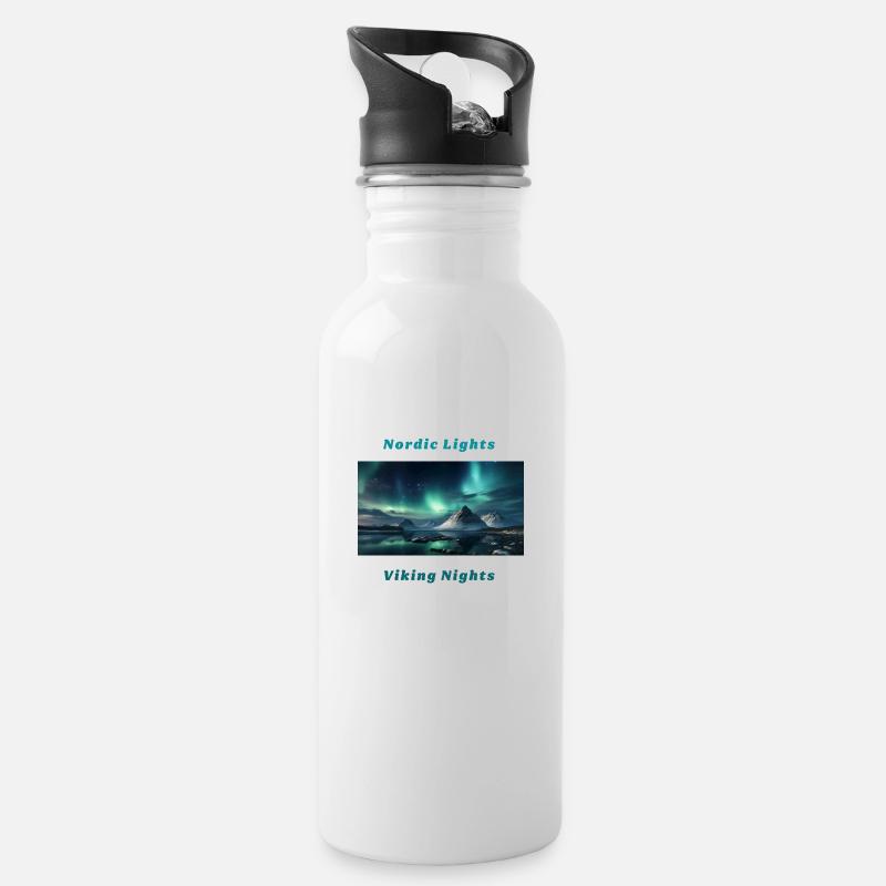 Panorama Nordlichter mit Wikingerspruch - Trinkflasche mit integriertem Trinkhalm - Weiß