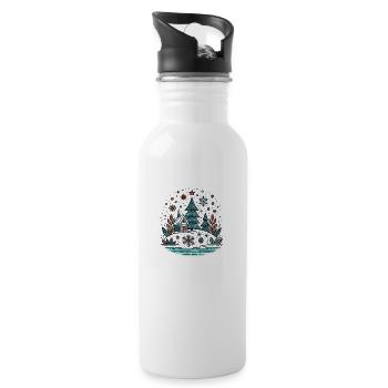 Festive Winter Wonderland: Cozy Cabin Amidst Snowy - Water bottle with straw - white - Right