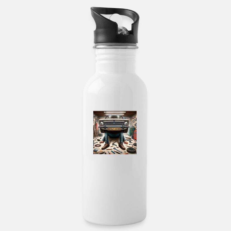 Autowerkstatt - mentally I am here - Trinkflasche mit integriertem Trinkhalm - Weiß