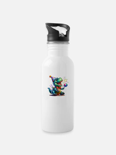 Party Dino - Trinkflasche mit integriertem Trinkhalm - Weiß