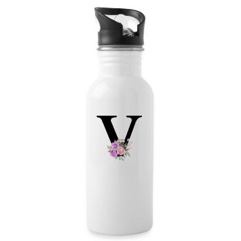 Lila floraler V-Buchstabe - Trinkflasche mit integriertem Trinkhalm - Weiß - Rechts