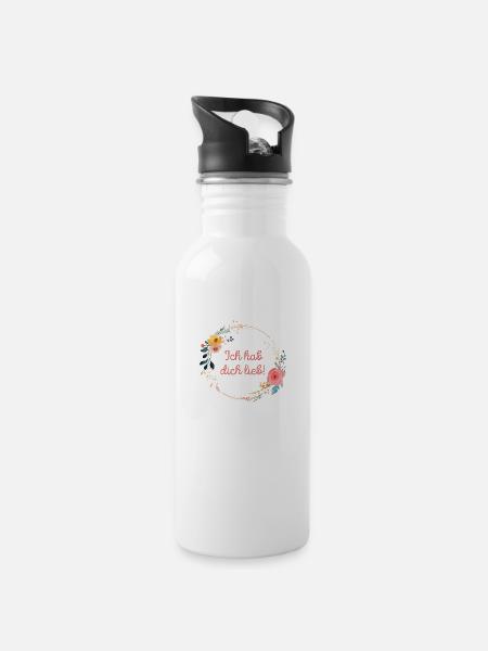 Ich hab dich lieb! Blumenkranz, personalisierbar - Trinkflasche mit integriertem Trinkhalm - Weiß