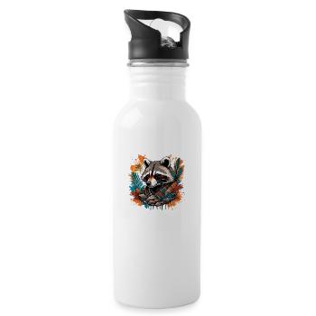Tattoo / Tier / Kunst / cool / Comic / Waschbär - Trinkflasche mit integriertem Trinkhalm - Weiß - Rechts