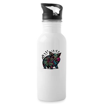 Buntes Schwein - Trinkflasche mit integriertem Trinkhalm - Weiß - Rechts