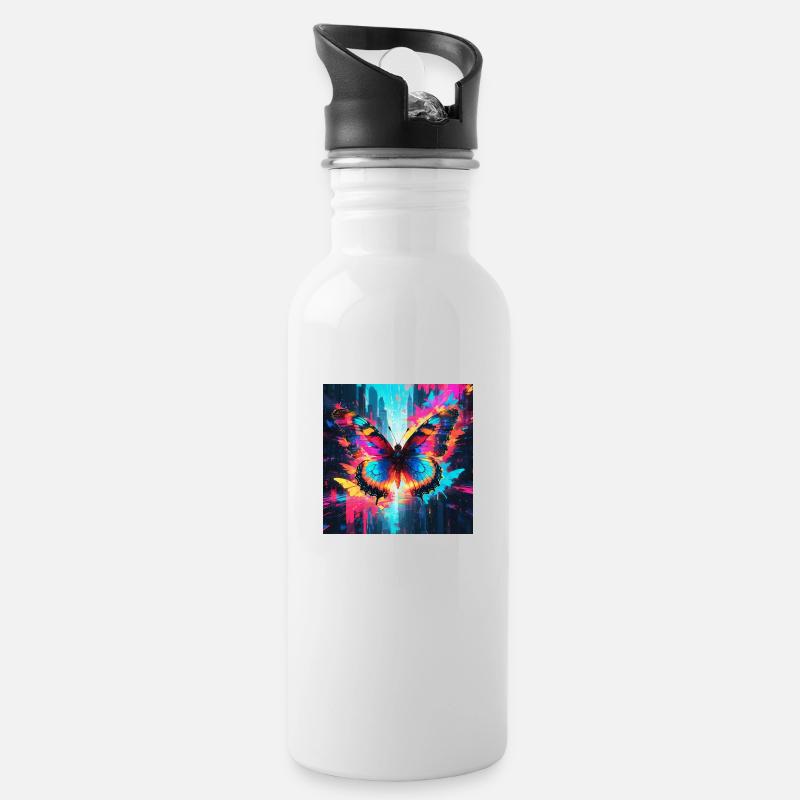 Neon Monarch Schmetterling - Trinkflasche mit integriertem Trinkhalm - Weiß