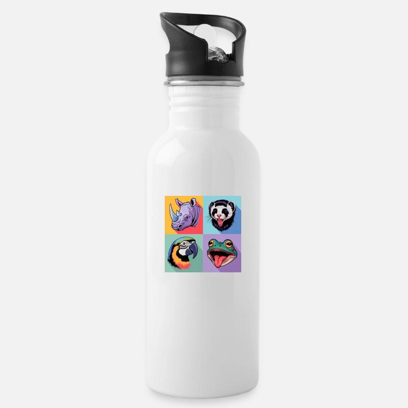 Pop Art Rhinocéros, Perroquet, Grenouille, Opossum, Coloré - Gourde avec paille intégrée - blanc