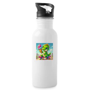 Dino with cream cone sitting on a skateboard - Water bottle with straw - white - Right