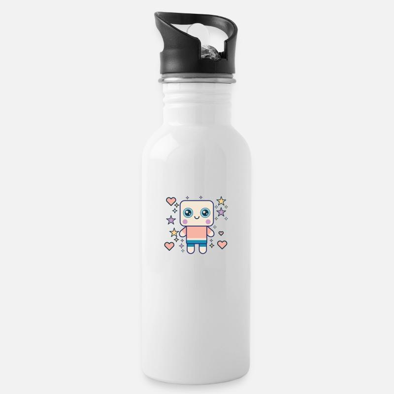Design "Kawaii Pudding Pop" - Trinkflasche mit integriertem Trinkhalm - Weiß