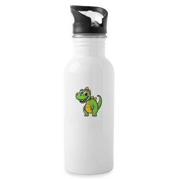 Smiling Cartoon Dinosaur on Pink Background - Water bottle with straw - white - Right