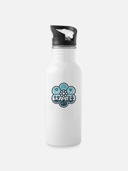 Blumenwiese blaugrün - Trinkflasche mit integriertem Trinkhalm - Weiß