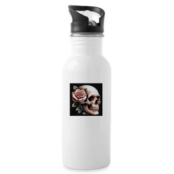 Totenkopf mit rosa Rose - Trinkflasche mit integriertem Trinkhalm - Weiß - Rechts