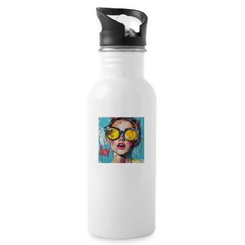 HEY Gruß in rot Popart - Trinkflasche mit integriertem Trinkhalm - Weiß - Rechts