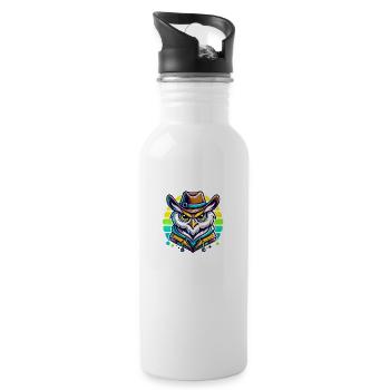 Serious cowboy owl with cowboy hat - Water bottle with straw - white - Right