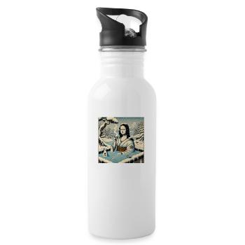 Mona Lisa trinkt Sake im Onsen - Trinkflasche mit integriertem Trinkhalm - Weiß - Rechts