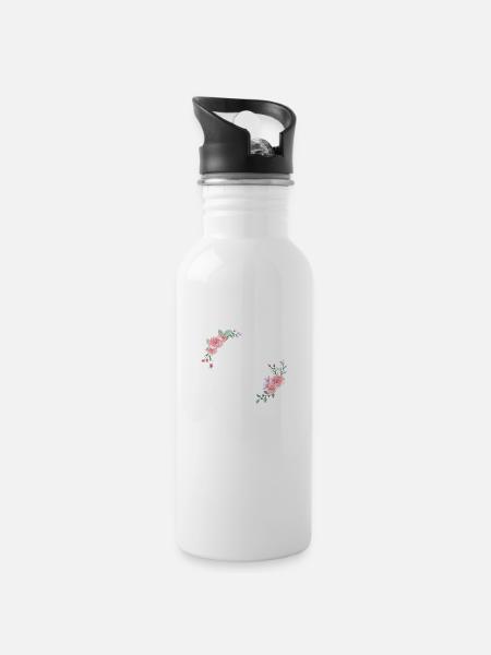Rosa Blumenbuchstabe j - Trinkflasche mit integriertem Trinkhalm - Weiß