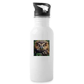 Owl Face Portrait Forest Bird of Prey Vigilant - Water bottle with straw - white - Right
