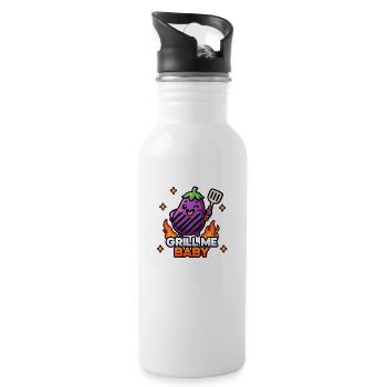 Kawaii Chibi Cute Eggplant – Grill Me Baby BBQ Pun - Water bottle with straw - white - Right