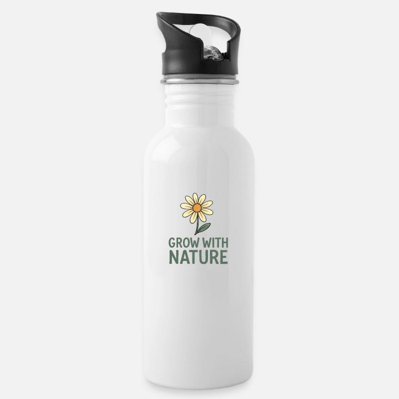 Grow with Nature – Blumenkraft - Trinkflasche mit integriertem Trinkhalm - Weiß