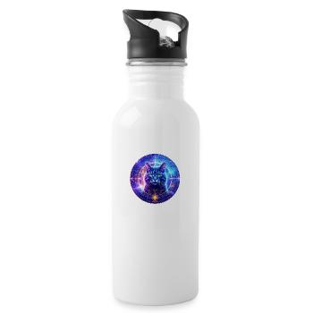"Mystische Katze im kosmischen Energiefeld" - Trinkflasche mit integriertem Trinkhalm - Weiß - Rechts