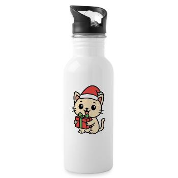 Kitten with Santa Hat and Gift - Water bottle with straw - white - Right