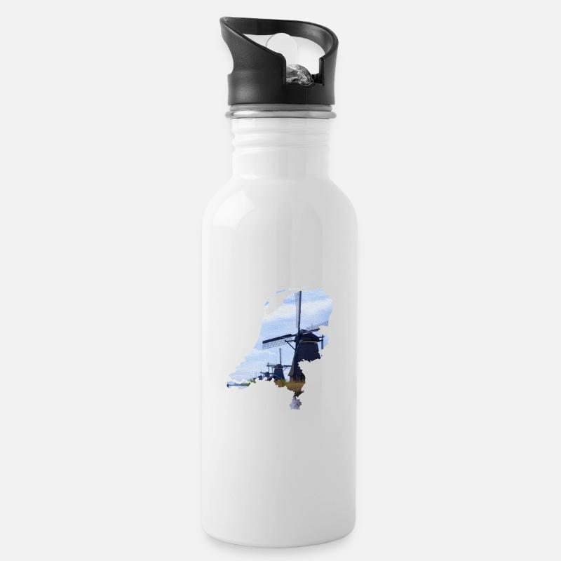 Niederlande - Windmühlen - Trinkflasche mit integriertem Trinkhalm - Weiß