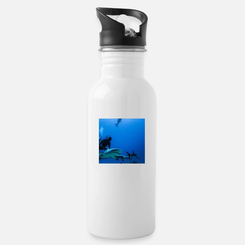Taucher mit Haien - Trinkflasche mit integriertem Trinkhalm - Weiß