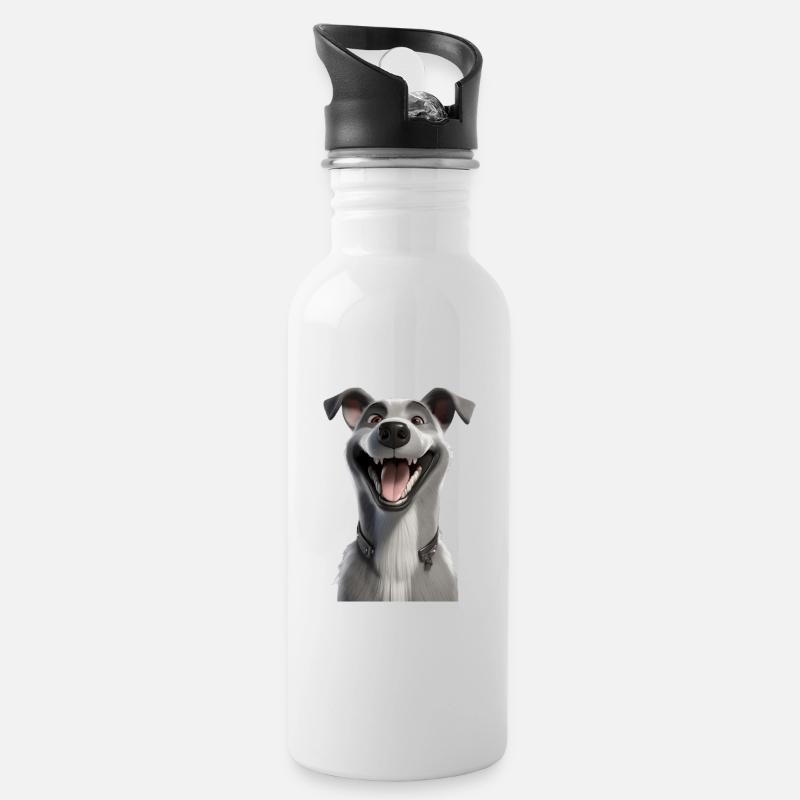Maskottchen des Grinsenden Windhundes - Trinkflasche mit integriertem Trinkhalm - Weiß