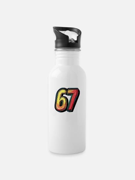 67 Zahl Bunt - Trinkflasche mit integriertem Trinkhalm - Weiß